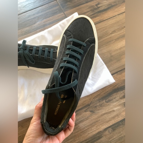 New Women by Common Projects Black Leather Cal Hair Sneakers - Picture 3 of 6